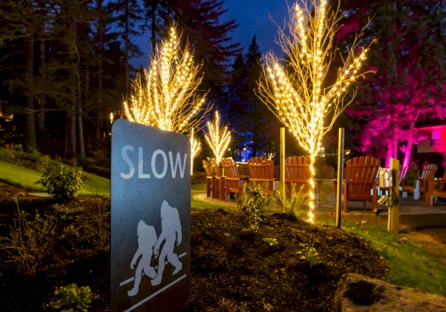 At night, a &ldquo;SLOW&rdquo; sign stands beside glowing light-wrapped trees and rows of chairs in a garden event area.
