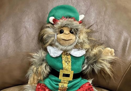 A furry toy dressed as an elf with a green hat, gold belt, and red pants, sitting on a brown surface.