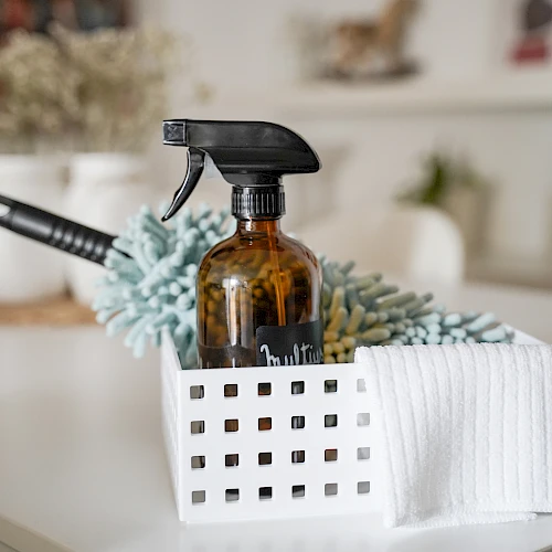 A white basket holds a brown spray bottle with a black nozzle, a handheld brush, and a folded white cloth on a clean, bright surface.