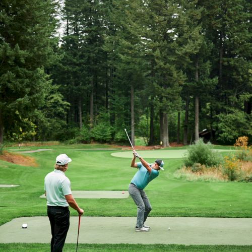 Two people on a golf course, one swinging a club while the other watches, surrounded by trees and greenery.