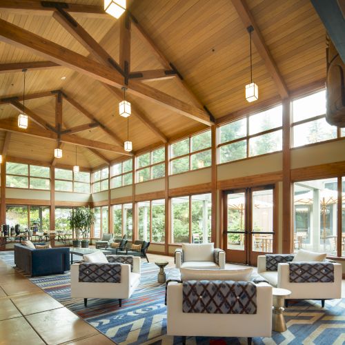 A spacious, modern lounge with wooden ceiling, large windows, and contemporary furniture on a patterned rug with natural light streaming in.