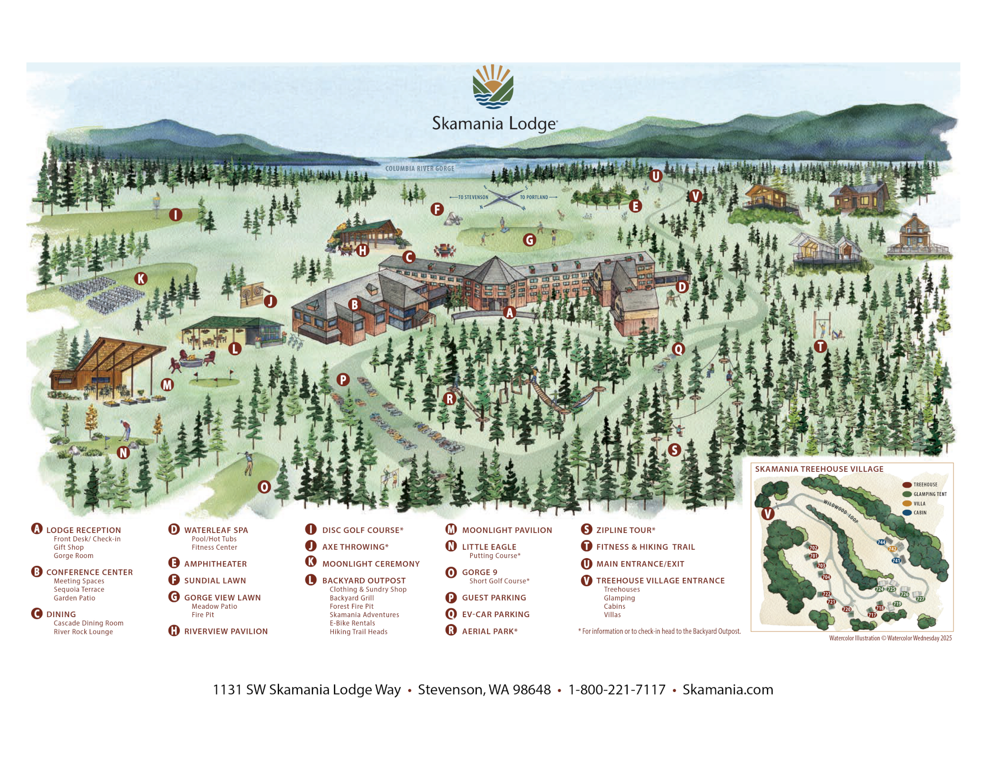 A resort map of Skamania Lodge&rsquo;s Treehouse Village, showing buildings, trails, parking, and features around the Columbia River Gorge.