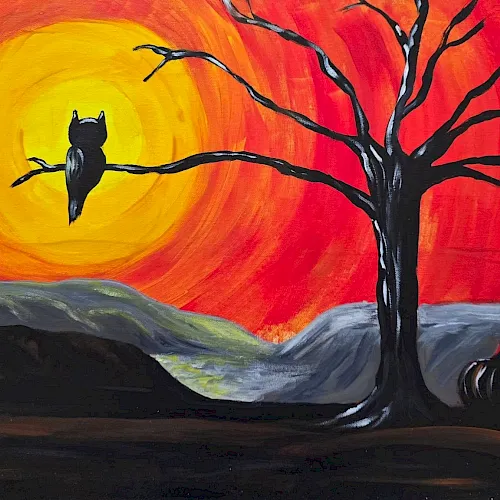 A vivid sunset painting showing a dark, leafless tree and a human silhouette lying/recumbent on the ground, glowing behind.