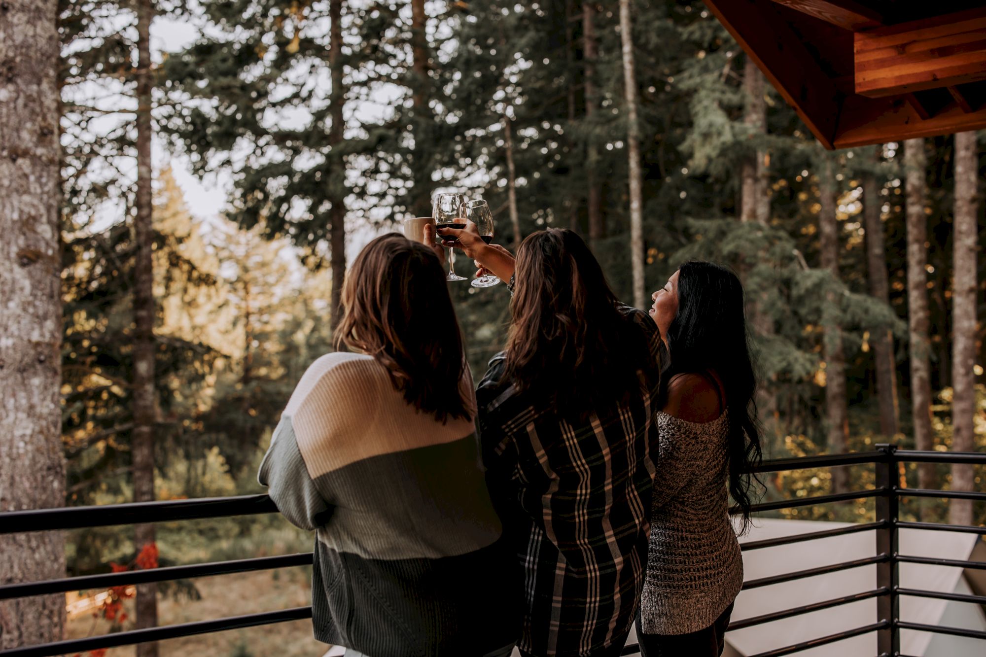 Friends clink wine glasses on a scenic outdoor balcony, sipping together with the forest in the background.