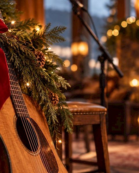 A festive scene with pine garland and a red bow on a wooden wall, an acoustic guitar, and a cozy lit fireplace in the background.