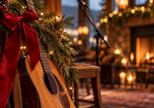 A festive scene with pine garland and a red bow on a wooden wall, an acoustic guitar, and a cozy lit fireplace in the background.