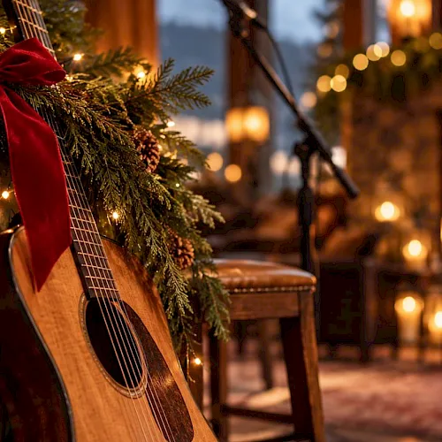 A cozy Christmas porch: evergreen garland with a red velvet bow, an acoustic guitar, and glowing candles by a fireplace.
