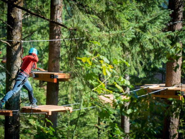 A person in a blue helmet and harness crosses a wooden platform in a forest adventure park.