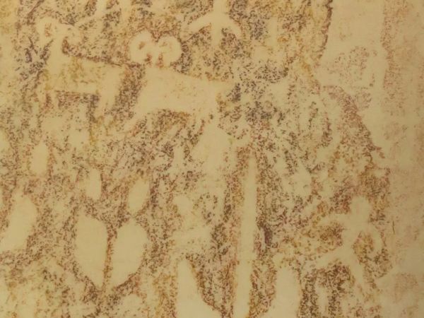 The image features a textured design with abstract shapes and patterns in earthy tones, resembling ancient or tribal art.