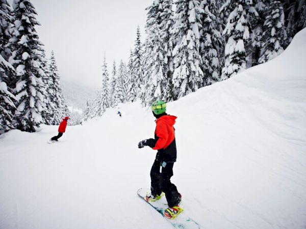 Two snowboarders in red jackets ride down a snowy slope surrounded by snow-covered trees in a winter landscape.