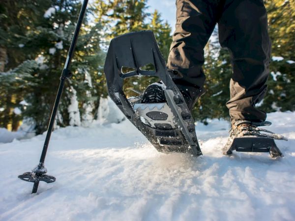 A person snowshoeing through a snowy forest, using trekking poles, surrounded by trees and winter scenery in clear daylight.
