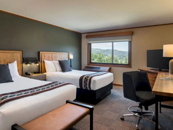 A hotel room with two beds, a desk, a TV, and a window showing a scenic view of trees and mountains.
