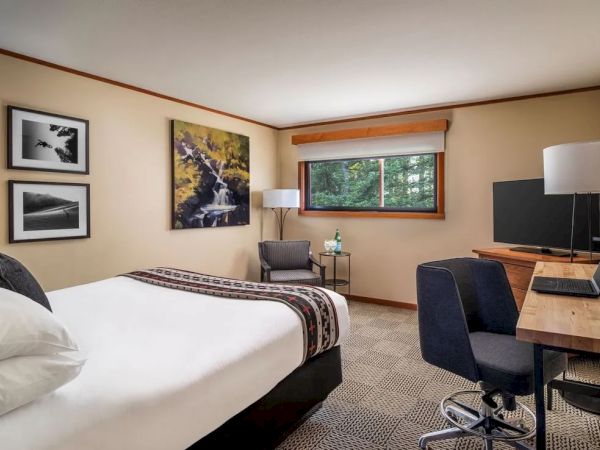 A cozy hotel room with a bed, desk, chair, TV, and artwork on the walls. There's a window with a forest view and ambient lighting.