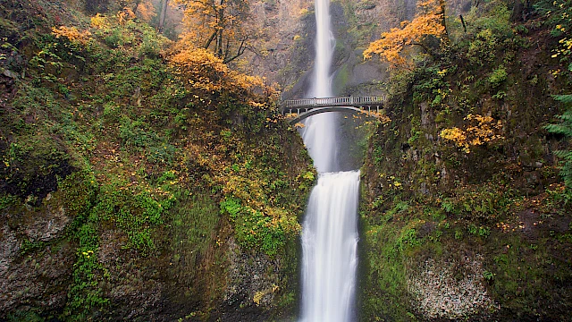 A tall waterfall cascades between cliffs, framed by autumn trees and a lush green foreground, under a soft sky.