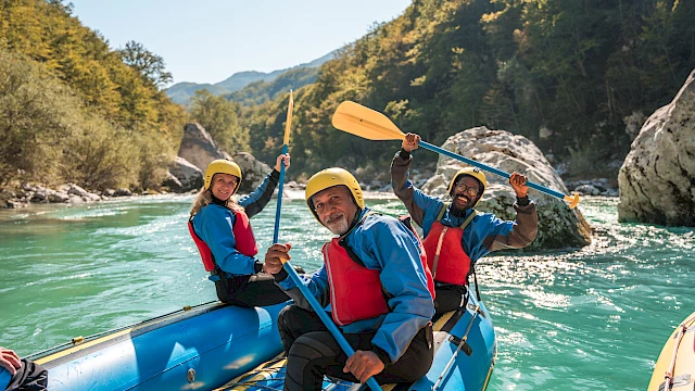 Three people in a blue raft with yellow helmets paddling on a bright river, forested canyons around, sunny day.