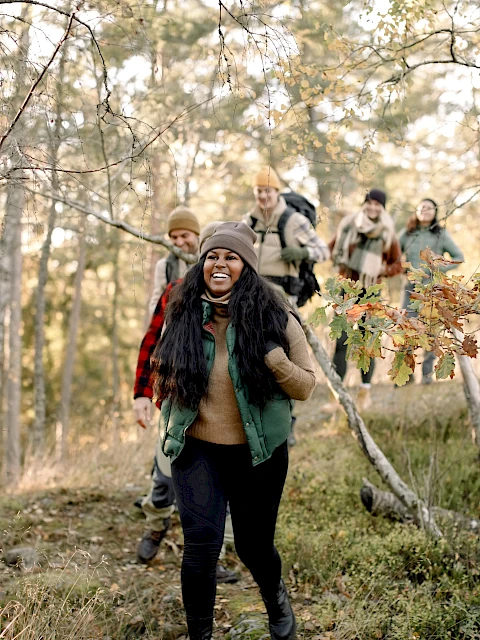 A group of friends hiking through a forest in autumn, walking along a mossy path and chatting, wearing warm jackets and hats, enjoying nature.