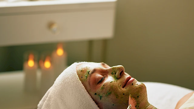 A person is receiving a facial treatment with a green mask applied, lying down in a spa setting with relaxing ambience.